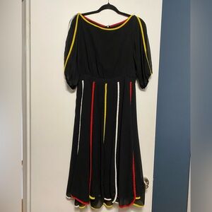 Flowy Black Vintage-Style Dress with Multicolor Stripes